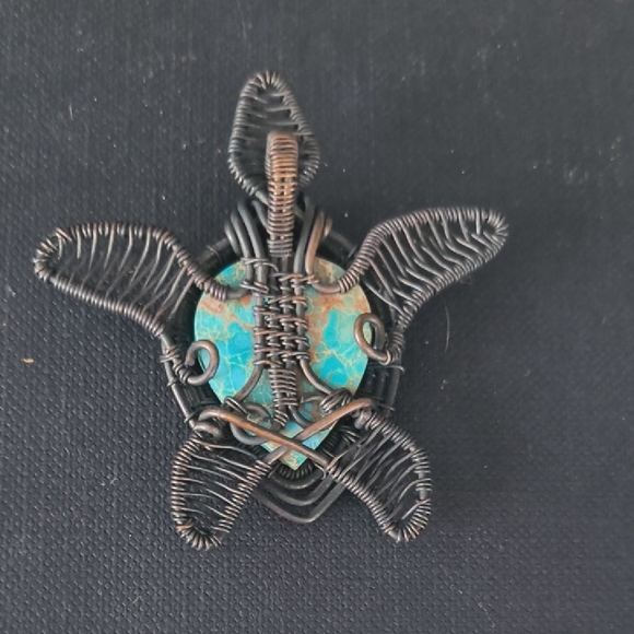 Wire Wrapped Turtle Pendant with Turquoise Stone - Picture 2 of 4